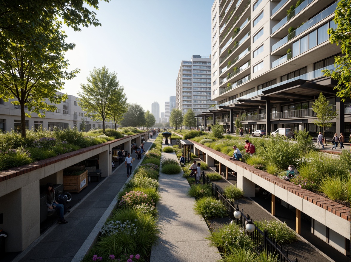 Prompt: Tranquil tram station, lush green roofs, thriving vegetation, urban oasis, natural habitats, wildlife conservation, energy-efficient design, reduced carbon footprint, sustainable architecture, modern infrastructure, steel beams, glass canopies, vibrant cityscape, busy streets, rush hour atmosphere, warm sunny day, soft natural lighting, shallow depth of field, 3/4 composition, panoramic view, realistic textures, ambient occlusion.