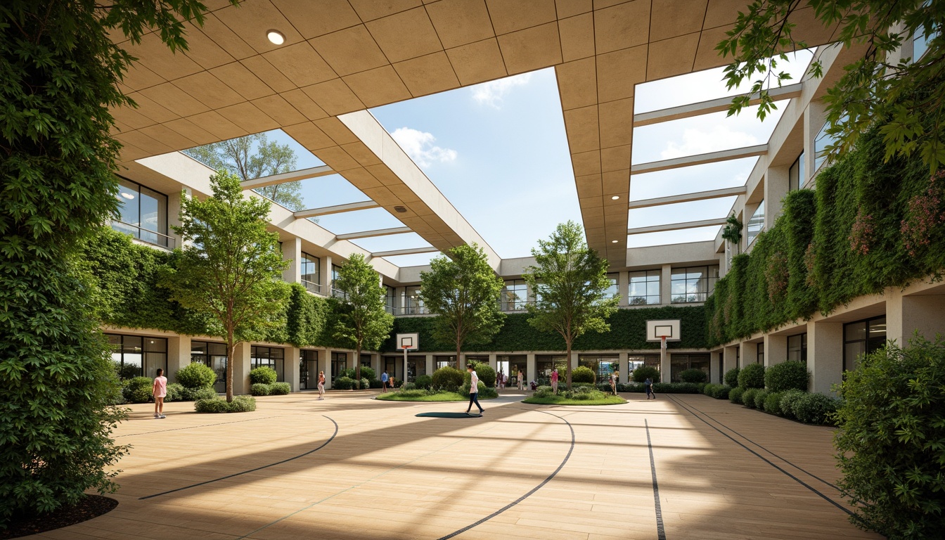 Prompt: Vibrant gymnasium interior, abundant natural light, clerestory windows, green roof, lush vegetation, living walls, wooden flooring, modern minimalist design, curved lines, open spaces, athletic equipment, basketball courts, running tracks, mirrored walls, high ceilings, soft warm lighting, shallow depth of field, 1/1 composition, realistic textures, ambient occlusion.Let me know if you need any adjustments!