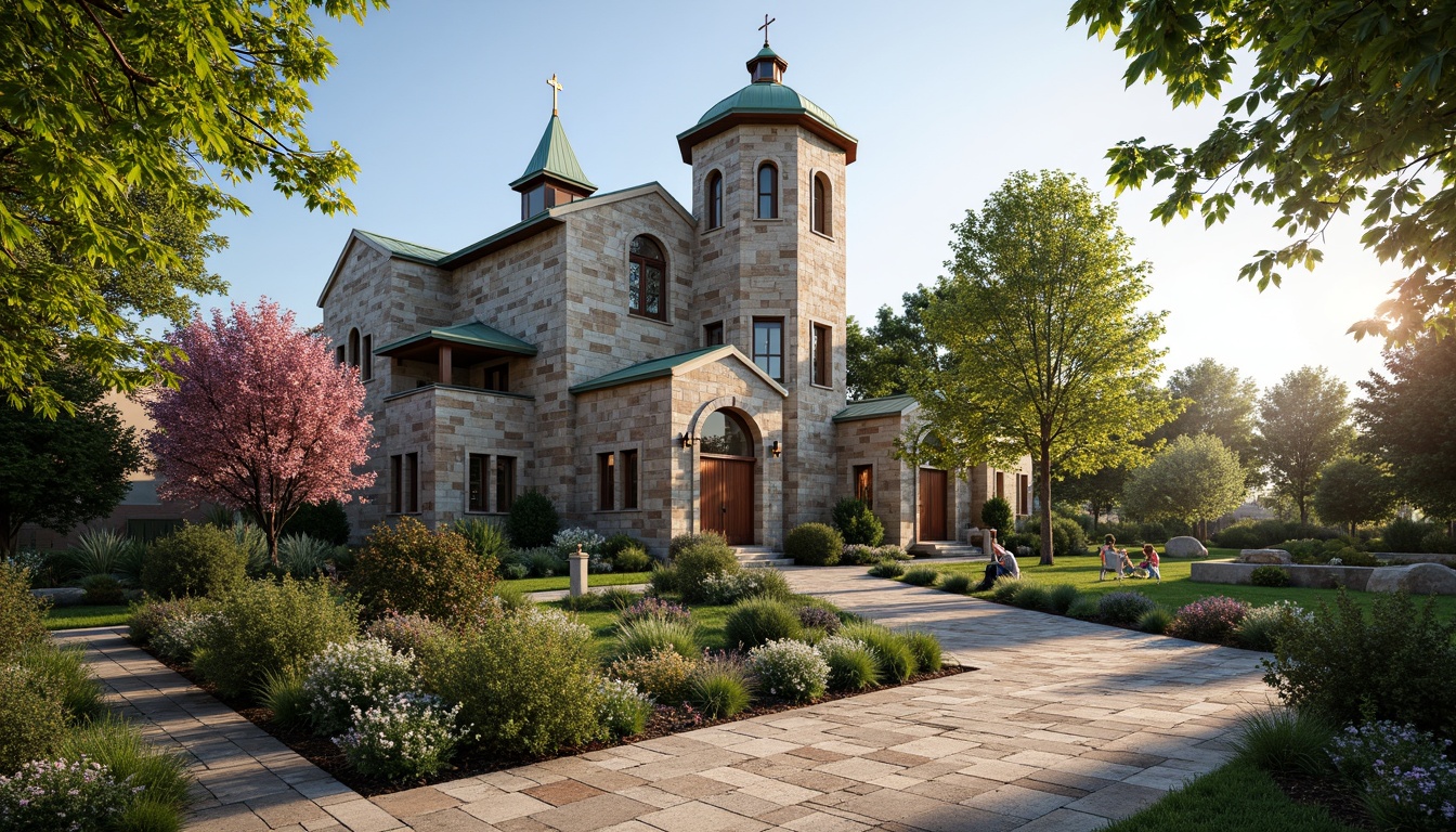 Prompt: Rustic suburban church, stone wall facade, stained glass windows, wooden door entrance, bell tower, green roof, natural stone pathways, lush landscaping, blooming flowers, serene atmosphere, warm sunlight, soft shadows, 3/4 composition, symmetrical architecture, traditional design elements, ornate details, spiritual ambiance, peaceful surroundings, gentle breeze, natural textures, ambient occlusion.