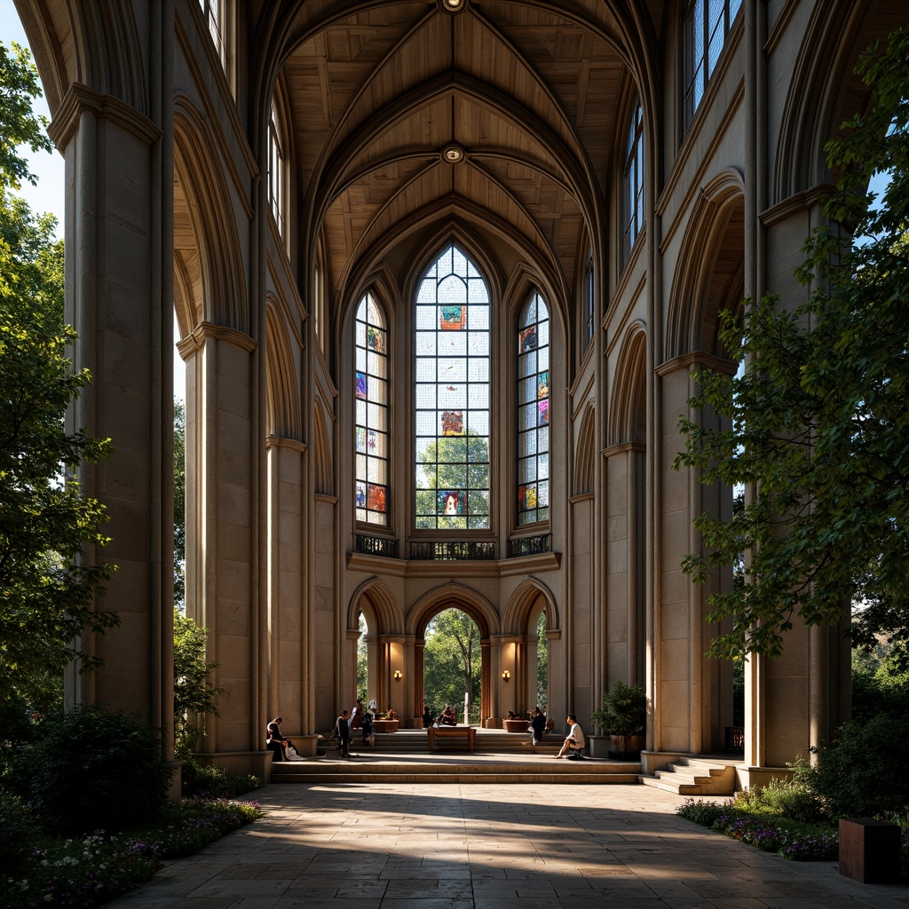 Prompt: Elegant cathedral, pointed arches, stained glass windows, ribbed vaults, ornate carvings, grandiose entrance, intricate stone details, mystical ambiance, warm soft lighting, high ceilings, vertical emphasis, dramatic shadows, rich textures, historical significance, spiritual atmosphere, solemn silence, peaceful surroundings, lush greenery, ancient trees.