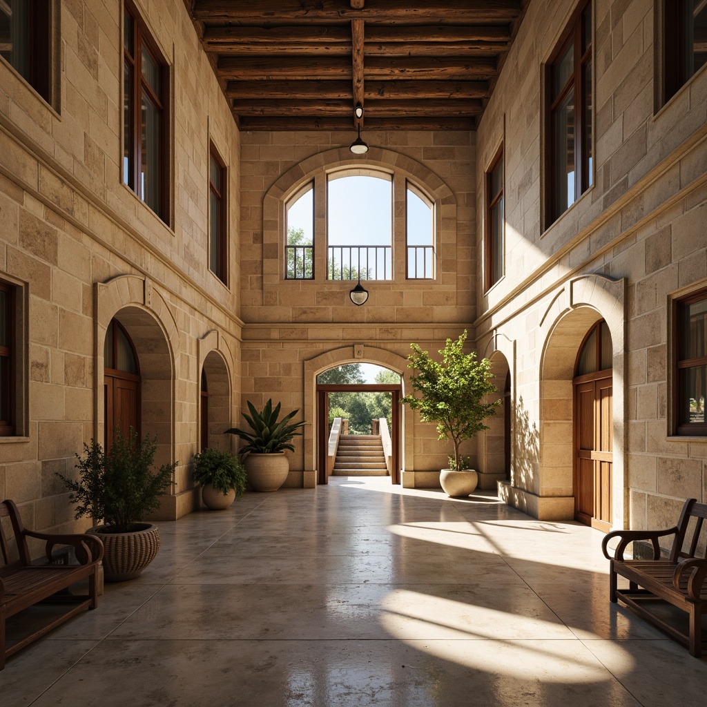 Prompt: Rustic hospital building, Romanesque architecture style, natural stone walls, arched windows, ornate carvings, grand entrance hall, high ceilings, marble floors, wooden furniture, warm earthy tones, rich textures, ambient lighting, soft shadows, 1/1 composition, symmetrical framing, realistic render, intricate details, subtle color palette, warm beige tones, creamy whites, soft grays.