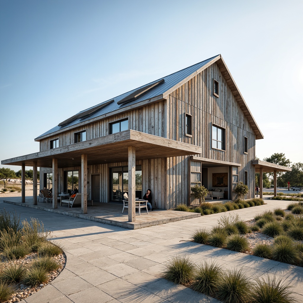 Prompt: Weathered wooden barn, distressed finishes, beachy vibes, driftwood accents, rustic metal roofs, reclaimed wood textures, nautical color palette, ocean-inspired decor, natural ventilation systems, sliding glass doors, expansive outdoor spaces, sandy dunes, sea grass, coastal pathway, sunny day, soft warm lighting, shallow depth of field, 3/4 composition, panoramic view, realistic textures, ambient occlusion.