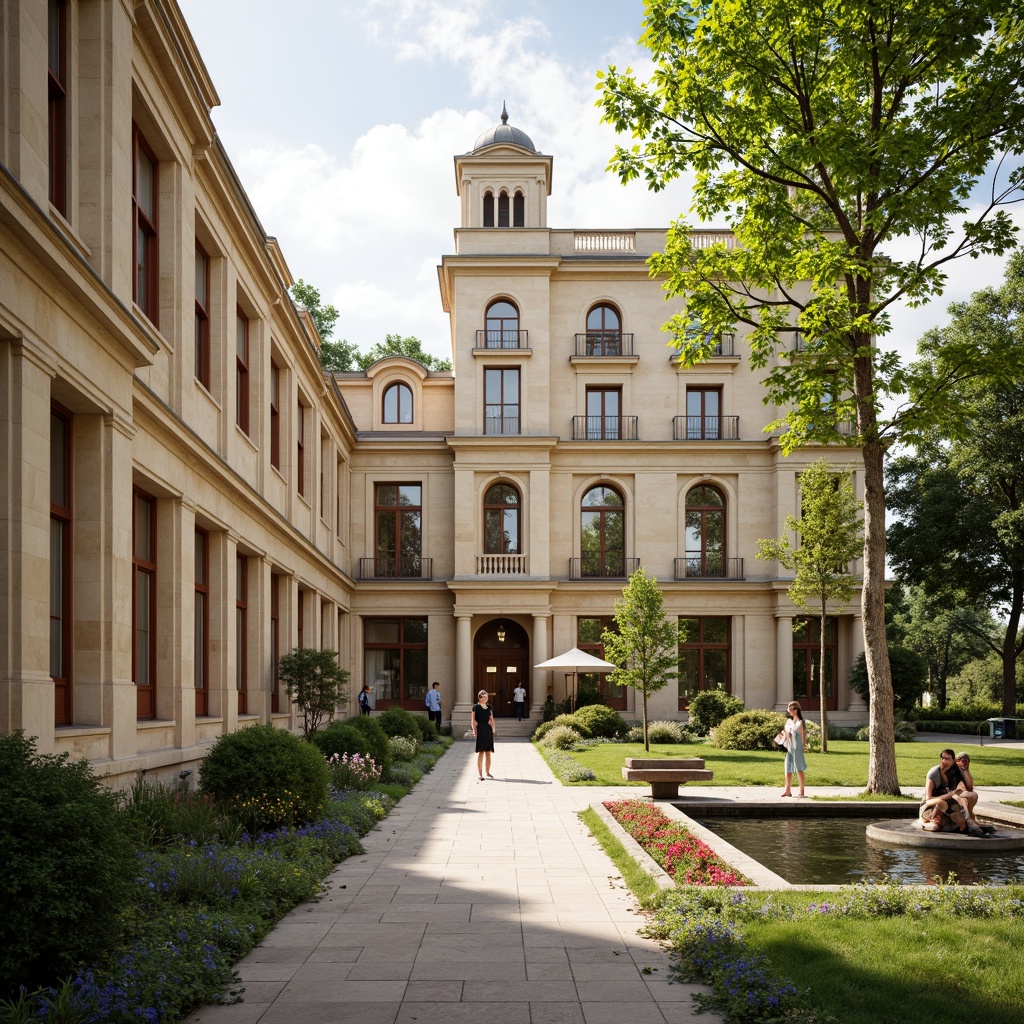 Prompt: Elegant university campus, classicism architecture style, warm beige stone walls, creamy white columns, rich brown wooden doors, soft greenery, lush lawns, vibrant flowers, tranquil water features, serene walking paths, ornate bronze statues, intricate stone carvings, subtle earth tone color palette, harmonious contrast, natural lighting, shallow depth of field, 3/4 composition, panoramic view, realistic textures, ambient occlusion.