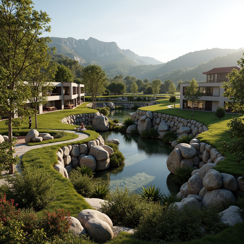 Prompt: Sweeping curves, harmonious balance, lush green roofs, integrated water features, natural stone walls, blending boundaries, seamless transitions, organic forms, earthy tones, rustic textures, native plant species, meandering paths, scenic vistas, panoramic views, soft warm lighting, 1/1 composition, atmospheric perspective, realistic shaders, ambient occlusion.