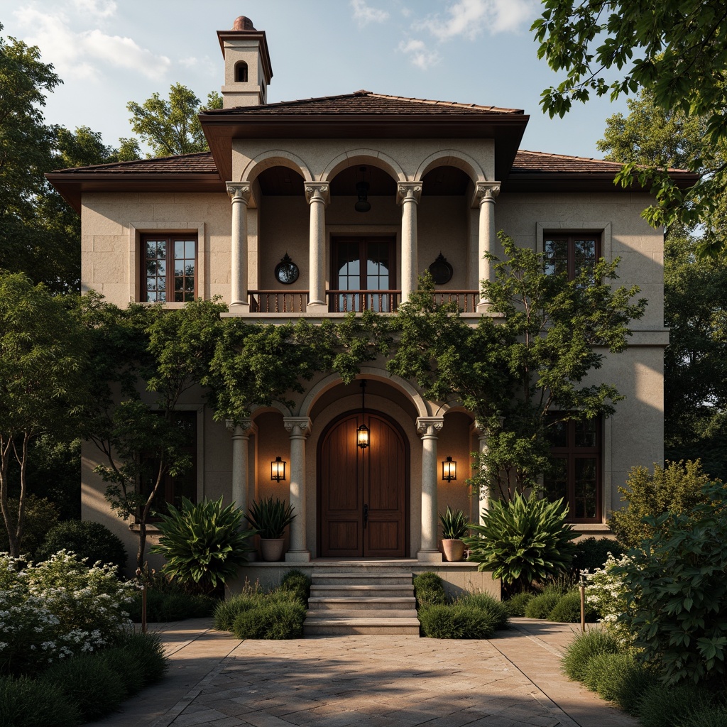 Prompt: Rustic Romanesque house, stone columns, ornate capitals, arched entrance, heavy stonework, earthy tones, natural textures, lush greenery, climbing vines, lantern-style lighting, warm soft glow, misty morning atmosphere, shallow depth of field, 1/1 composition, symmetrical arrangement, grandeur scale, historic architectural elements, medieval-inspired ornamentation.