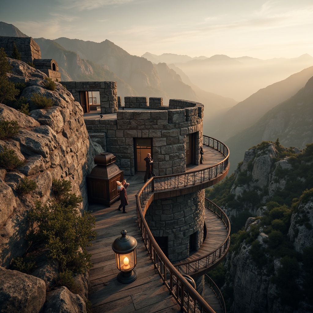 Prompt: Panoramic watchtower, rugged stone walls, wooden observation decks, winding staircases, lantern-style lighting, vintage binoculars, scenic lookout points, dramatic mountainous backdrop, misty morning atmosphere, warm golden sunlight, shallow depth of field, 1/1 composition, realistic textures, ambient occlusion, intricate architectural details, ornate iron railings, weathered wooden accents, majestic landscape views, serene natural ambiance.