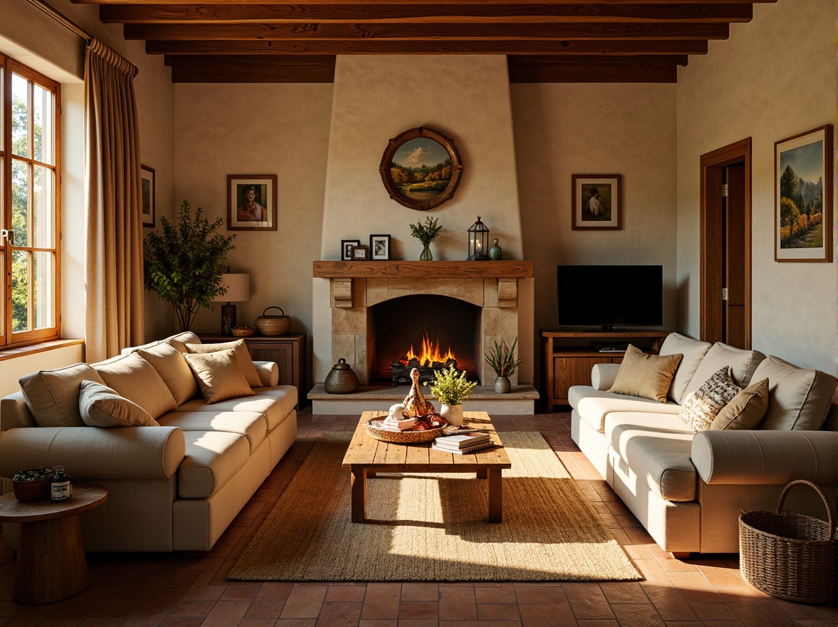 Prompt: Cozy living room, warm beige walls, rich wood accents, plush furniture, soft cushions, golden lighting, crackling fireplace, autumnal colors, earthy tones, natural textures, woven baskets, vintage decor, inviting atmosphere, comforting ambiance, rustic wooden floors, warm terracotta tiles, sunny afternoon, gentle warm light, shallow depth of field, 1/1 composition, realistic rendering.