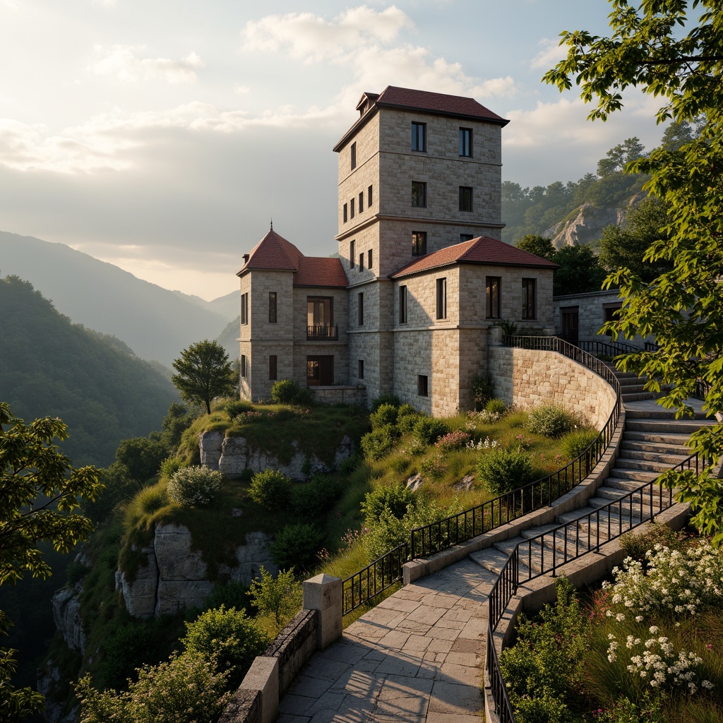 Prompt: Majestic watchtower, medieval stone walls, lush greenery, blooming wildflowers, winding stone staircases, ornate metal railings, scenic lookout points, majestic mountain ranges, misty foggy mornings, warm golden lighting, shallow depth of field, 1/1 composition, realistic textures, ambient occlusion.