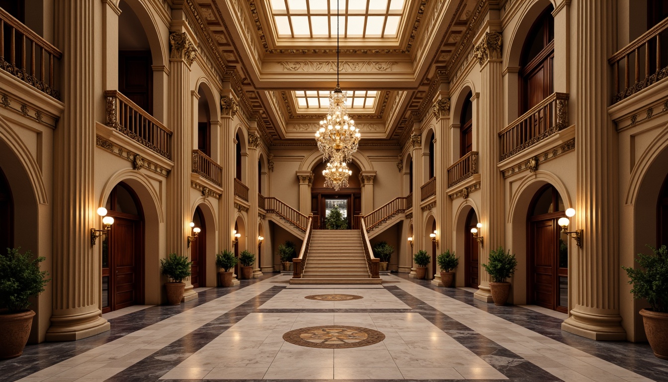 Prompt: Grandiose bank facade, Corinthian columns, ornate moldings, intricate carvings, symmetrical composition, marble flooring, high ceilings, chandelier lighting, luxurious atmosphere, rich wood paneling, polished metal fixtures, classical archways, grand staircases, elegant balconies, subtle gradient effects, soft warm illumination, shallow depth of field, 1/2 composition, realistic textures, ambient occlusion.