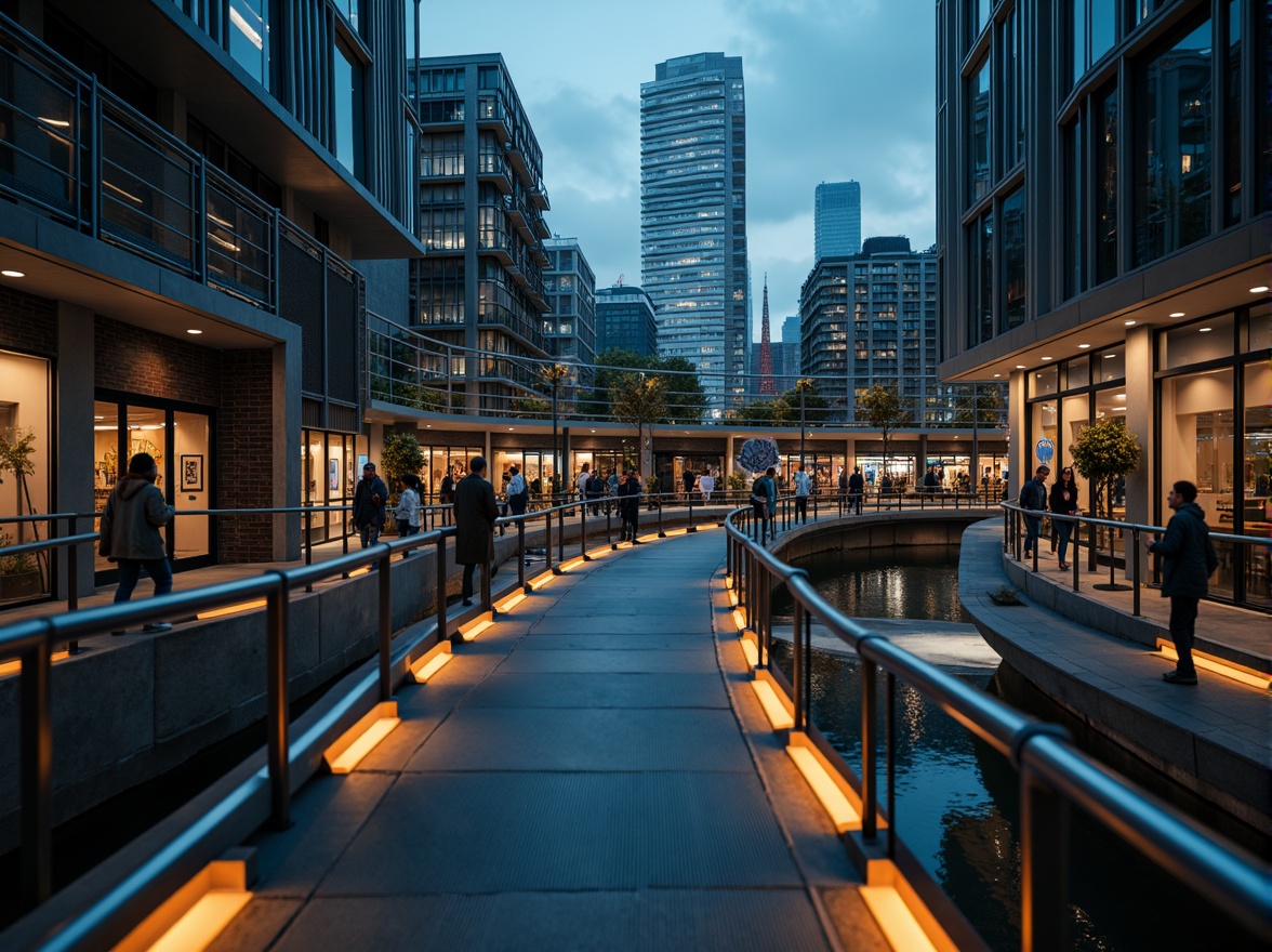 Prompt: Curved pedestrian bridge, sleek metal railings, glass floors, modern urban architecture, bustling cityscape, vibrant streetlights, dynamic nighttime atmosphere, soft warm glow, shallow depth of field, 1/2 composition, low-angle view, realistic reflections, ambient occlusion, intricate structural details, suspended walkways, cantilevered sections, flowing curves, open vistas, panoramic views, misty morning fog, gentle sunlight, atmospheric perspective.