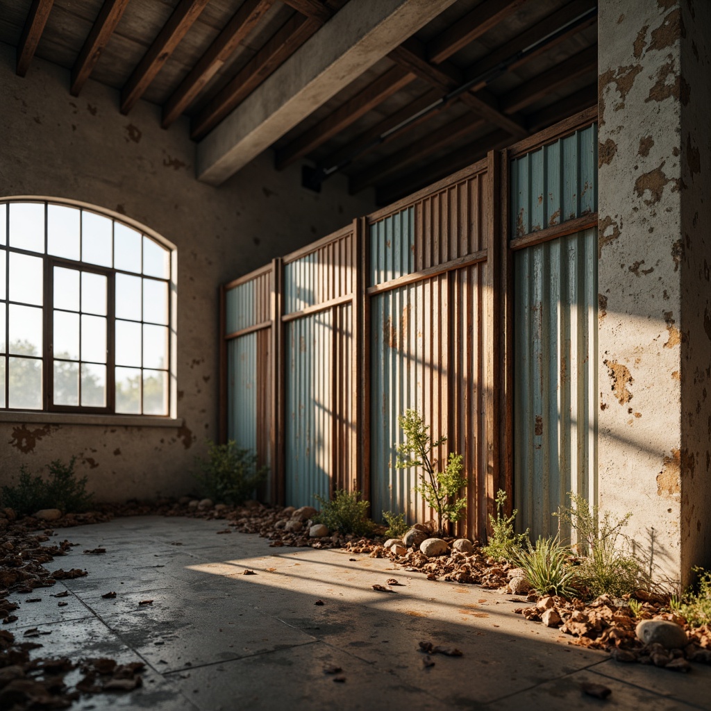 Prompt: Weathered metal panels, rust-resistant coatings, matte finishes, rough textures, industrial landscapes, abandoned factories, worn concrete walls, peeling paint, distressed wood, vintage aesthetics, warm natural lighting, shallow depth of field, 1/2 composition, realistic wear effects, ambient occlusion.