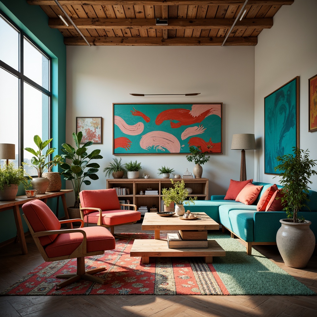 Prompt: Vibrant art studio, eclectic furniture pieces, bold turquoise accents, creamy white walls, rich wood textures, abstract geometric patterns, statement lighting fixtures, pops of bright coral, moody shadows, atmospheric misty effects, cinematic 3/4 composition, dramatic spotlights, realistic metallic reflections, ambient occlusion.