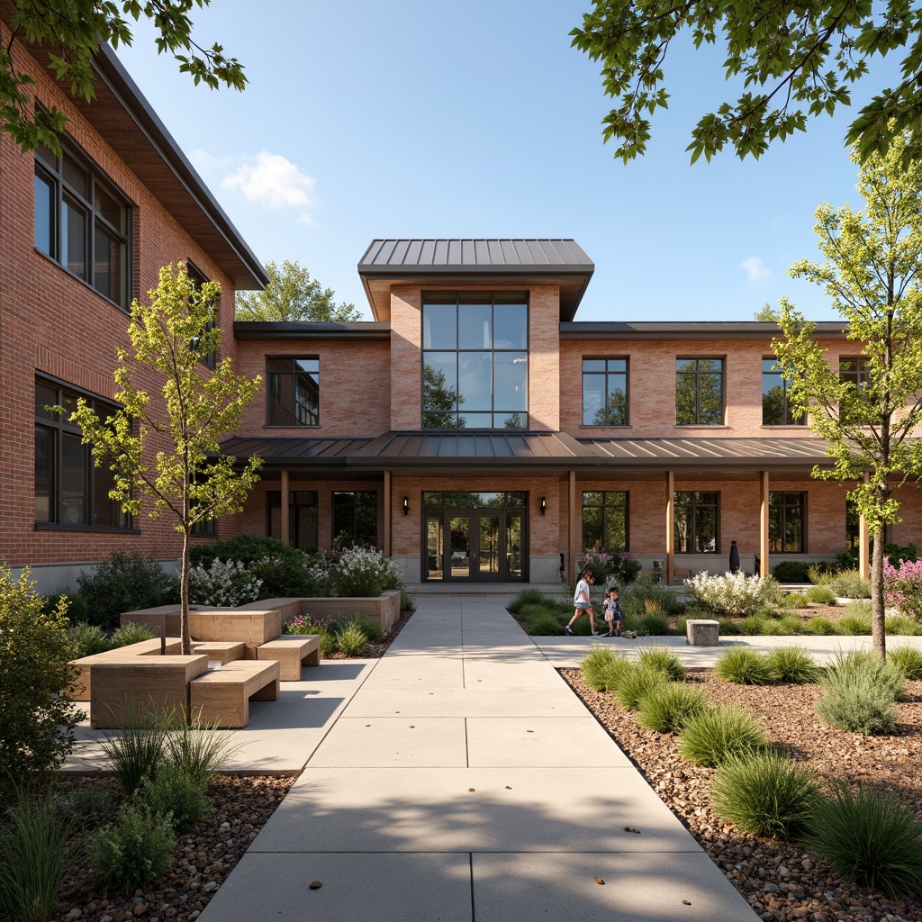 Prompt: Rustic high school building, earthy tone brick facade, weathered wood accents, corrugated metal roofing, industrial-style steel doors, large windows with divided lites, natural stone walls, rough-hewn wooden benches, outdoor learning spaces, shaded walkways, blooming native plants, sunny day, soft warm lighting, shallow depth of field, 3/4 composition, panoramic view, realistic textures, ambient occlusion.