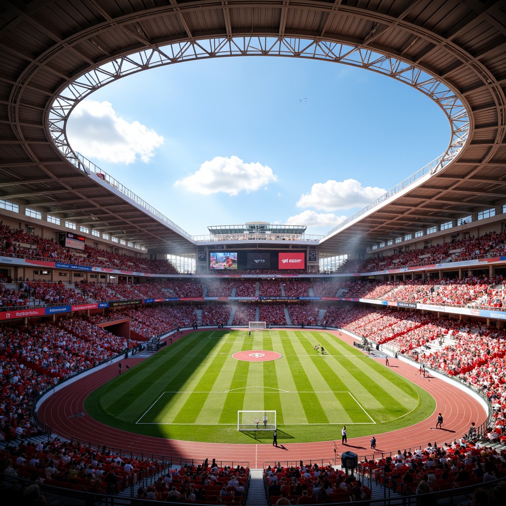 Prompt: Vibrant stadium interior, bold team colors, dynamic LED lighting, sleek modern architecture, grandstand seating, athletic track, soccer field, basketball court, tennis court, scoreboard displays, electric atmosphere, warm sunny day, shallow depth of field, 3/4 composition, panoramic view, realistic textures, ambient occlusion.