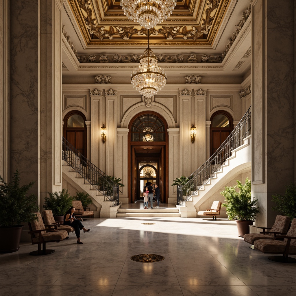 Prompt: Grandiose bank entrance, imposing columns, ornate cornices, intricately carved stonework, polished marble floors, sweeping staircases, ornamental metal railings, crystal chandeliers, lavish furnishings, rich wood paneling, elegant archways, classical sculptures, sophisticated lighting fixtures, neutral color palette, high ceilings, symmetrical composition, dramatic shadows, warm golden lighting, realistic textures, ambient occlusion.