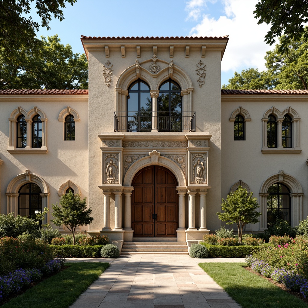 Prompt: Institut building, Romanesque facade, ornate stone carvings, rusticated walls, rounded arches, ribbed vaults, grand entrance, heavy wooden doors, intricate ironwork, stained glass windows, terra cotta roof tiles, lush greenery, sunny day, soft warm lighting, shallow depth of field, 3/4 composition, realistic textures, ambient occlusion.