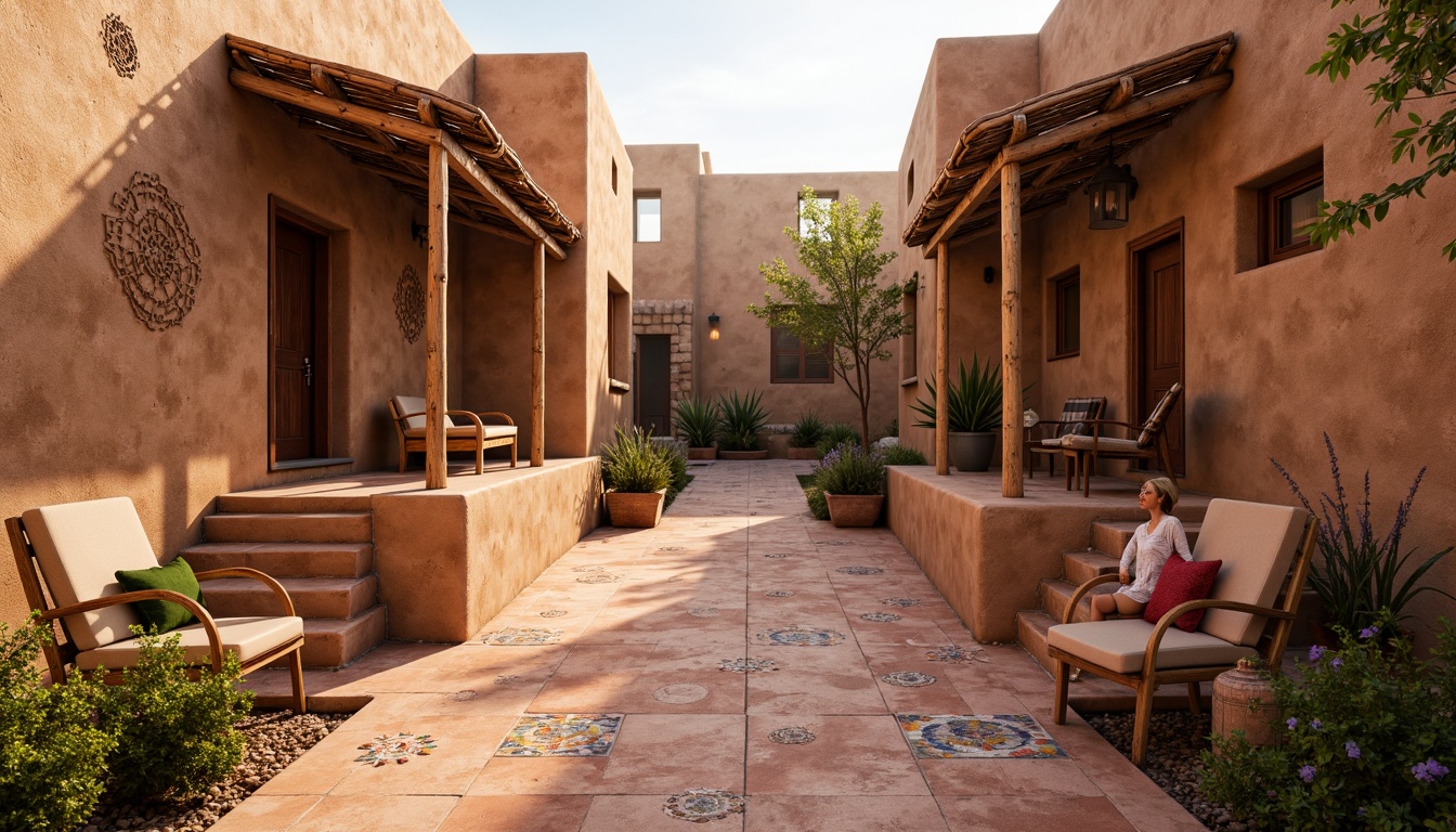 Prompt: Earthy adobe buildings, rustic stone walls, wooden accents, terracotta rooftops, natural clay plasters, woven bamboo fencing, vibrant tile mosaics, colorful ceramic ornaments, intricate mud\u00e9jar patterns, warm golden lighting, soft atmospheric haze, 1/1 composition, intimate close-up shots, realistic weathering effects.