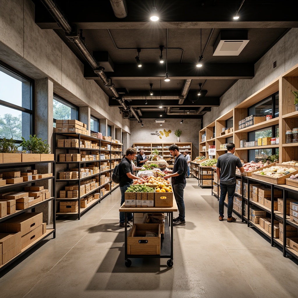 Prompt: Industrial-chic Bauhaus grocery store, exposed concrete walls, polished metal shelves, reclaimed wood accents, industrial-style lighting fixtures, minimalist product displays, neutral color palette, matte finishes, raw materials, earthy tones, natural textures, urban atmosphere, busy shopping aisle, overhead track lighting, 3/4 composition, softbox lighting, realistic reflections, ambient occlusion.