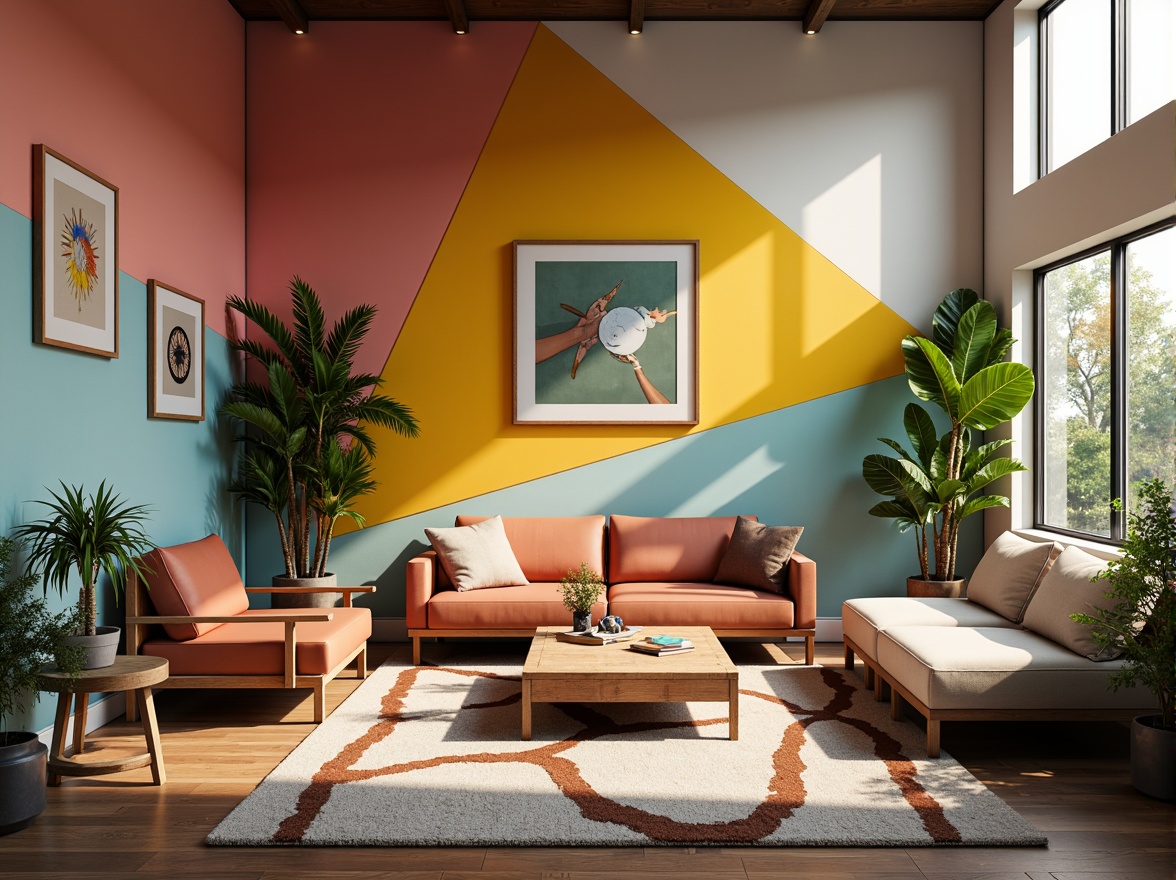 Prompt: Vibrant modern interior, bold accent walls, soft pastel hues, rich wood tones, metallic finishes, cozy warm lighting, inviting textures, abstract geometric patterns, eclectic decorative accents, nature-inspired colors, calming atmosphere, 1/1 composition, shallow depth of field, realistic renderings, ambient occlusion.