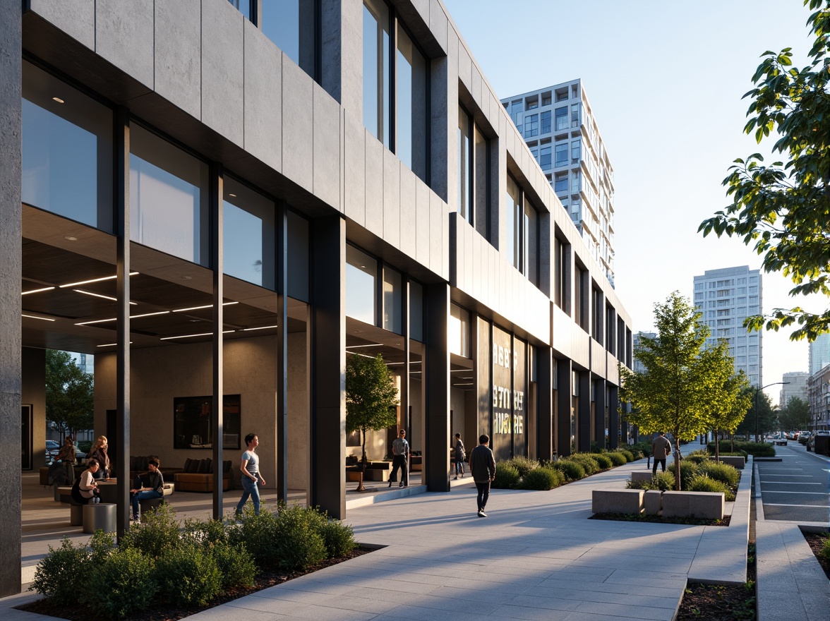 Prompt: Minimalist fitness club facade, industrial chic aesthetic, clean lines, neutral color palette, large glass windows, steel frames, concrete walls, modern LED lighting, urban cityscape background, morning sunlight, shallow depth of field, 1/1 composition, symmetrical architecture, metallic accents, simple typography, green roofs, outdoor seating areas, wooden benches, natural stone pathways, calm atmosphere, soft box lighting, realistic textures, subtle reflections.