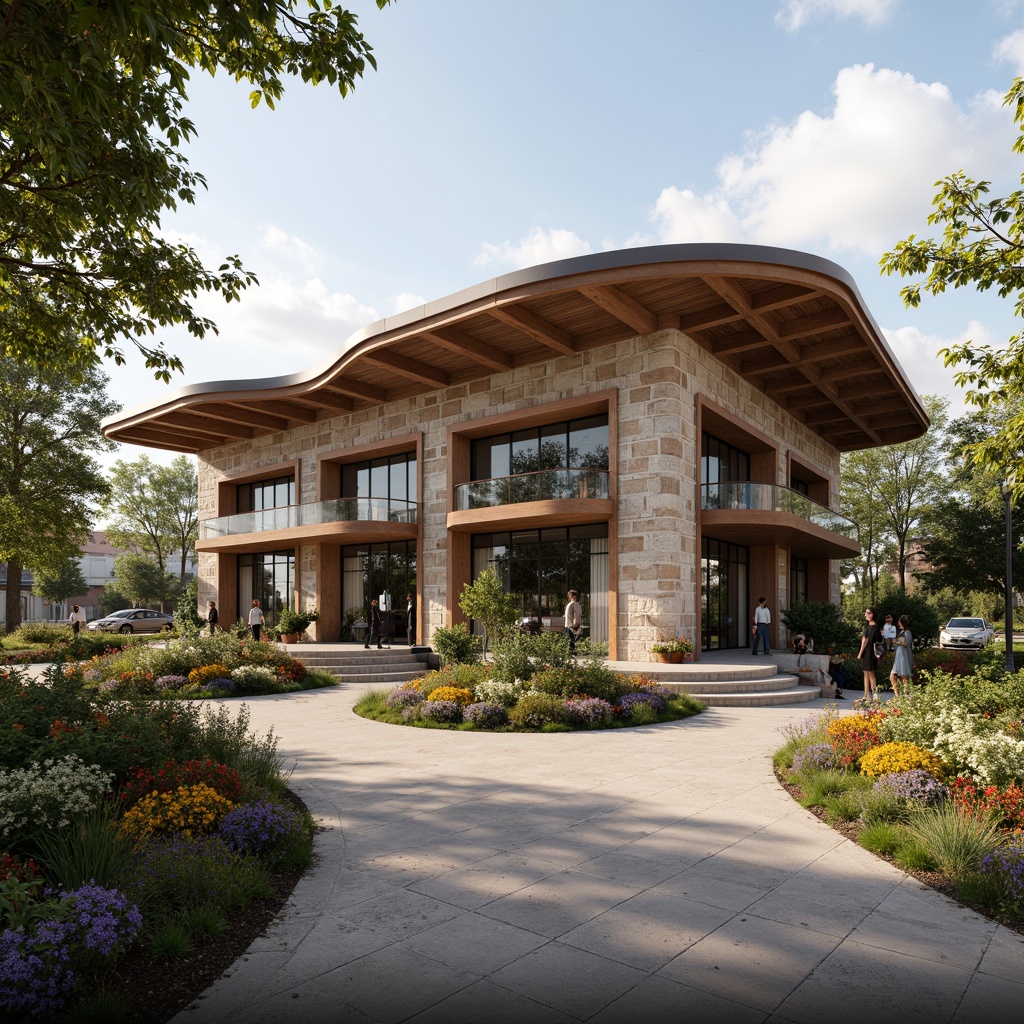 Prompt: Rustic bus station, regionalism style, earthy tones, natural stone walls, wooden accents, curved lines, grand entrance, large windows, metal roofs, greenery surroundings, vibrant flowers, urban landscape, morning sunlight, soft warm lighting, shallow depth of field, 1/1 composition, symmetrical view, realistic textures, ambient occlusion.