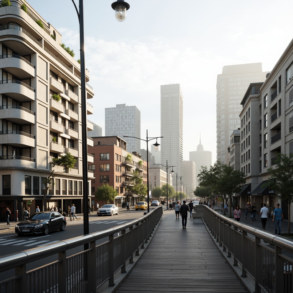 Prompt: Curved pedestrian bridge, stainless steel cables, sleek railings, wooden deck planks, modern lantern-style lighting, urban cityscape, busy street traffic, morning foggy atmosphere, soft warm lighting, shallow depth of field, 1/2 composition, realistic textures, ambient occlusion.