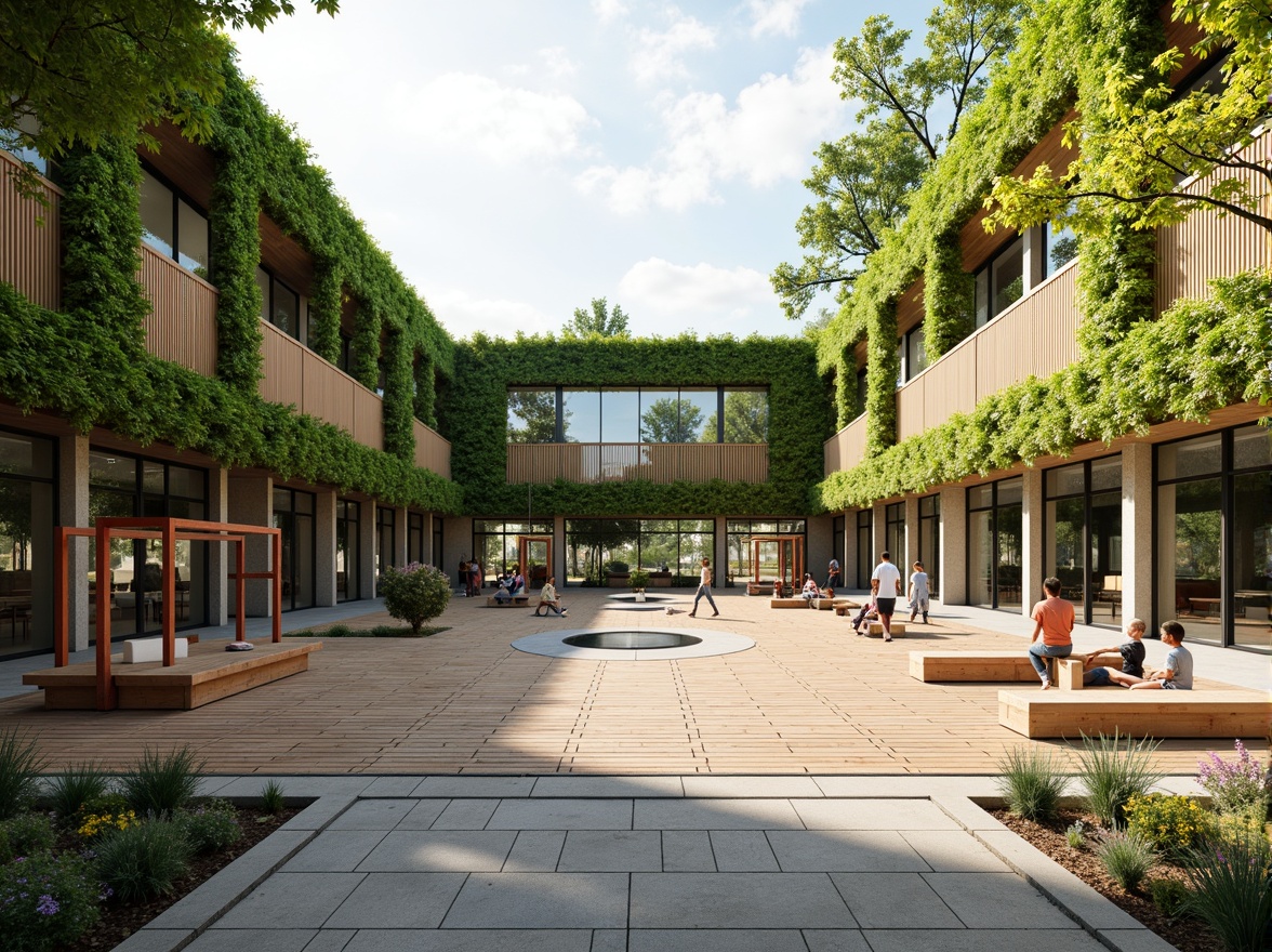 Prompt: Vibrant gymnasium courtyard, lush greenery walls, wooden athletic tracks, outdoor fitness equipment, shaded seating areas, natural stone flooring, modern building facade, large glass windows, sliding doors, blooming trees, sunny day, soft warm lighting, shallow depth of field, 3/4 composition, panoramic view, realistic textures, ambient occlusion.