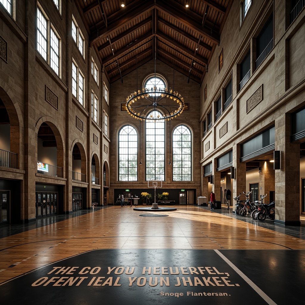 Prompt: Elegant gymnasium, ornate metalwork, intricate stonework, grand archways, stained glass windows, polished wooden floors, luxurious locker rooms, modern exercise equipment, inspirational quotes, athletic tracks, professional sports flooring, high ceilings, dramatic lighting, shallow depth of field, 1/2 composition, wide-angle lens, realistic textures, ambient occlusion.