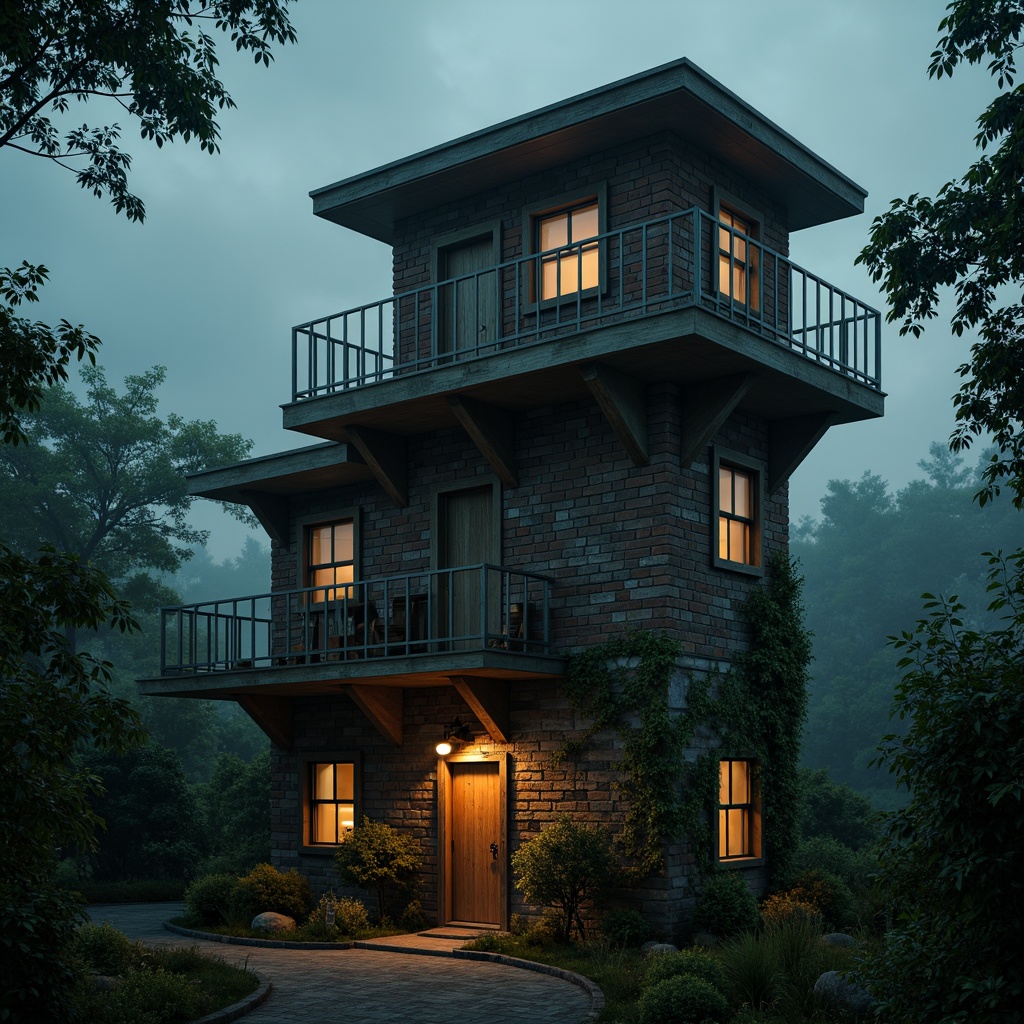 Prompt: Mysterious watchtower, rugged stone walls, weathered wooden accents, misty foggy atmosphere, mystical moonlight, lantern-lit windows, worn brick textures, ancient vines, overgrown ivy, mysterious forest surroundings, eerie silence, warm golden lighting, dramatic shadows, cinematic composition, 1/2 frame division, atmospheric depth of field.