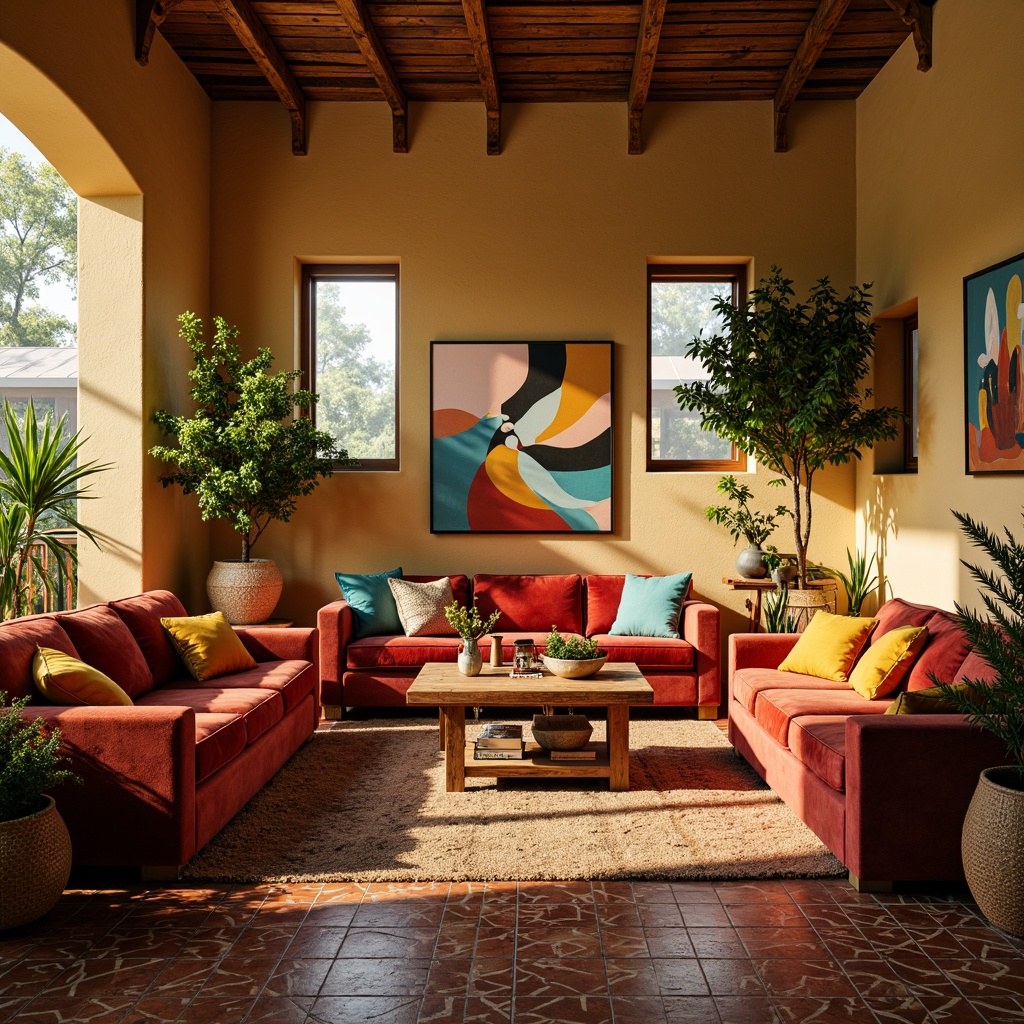 Prompt: Vibrant bohemian living room, eclectic furniture, plush velvet sofas, Moroccan-inspired tiles, rich wood accents, warm golden lighting, lush greenery, natural textiles, woven baskets, abstract artwork, bold color blocking, earthy tone palette, terracotta red, turquoise blue, sunny yellow, soft peach, creamy white, ambient glow, shallow depth of field, 2/3 composition, realistic textures, atmospheric fog.