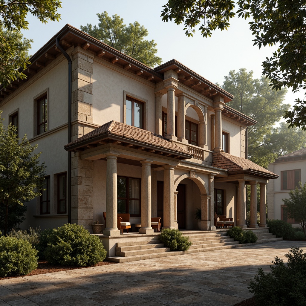 Prompt: Rustic Romanesque house, stone columns, ornate capitals, arched windows, rustic stonework, earthy color palette, natural textures, rough-hewn stones, grand entranceways, imposing facades, symmetrical composition, dramatic lighting, warm afternoon sun, deep shadows, atmospheric mist, 1/1 composition, realistic render, detailed ornaments.