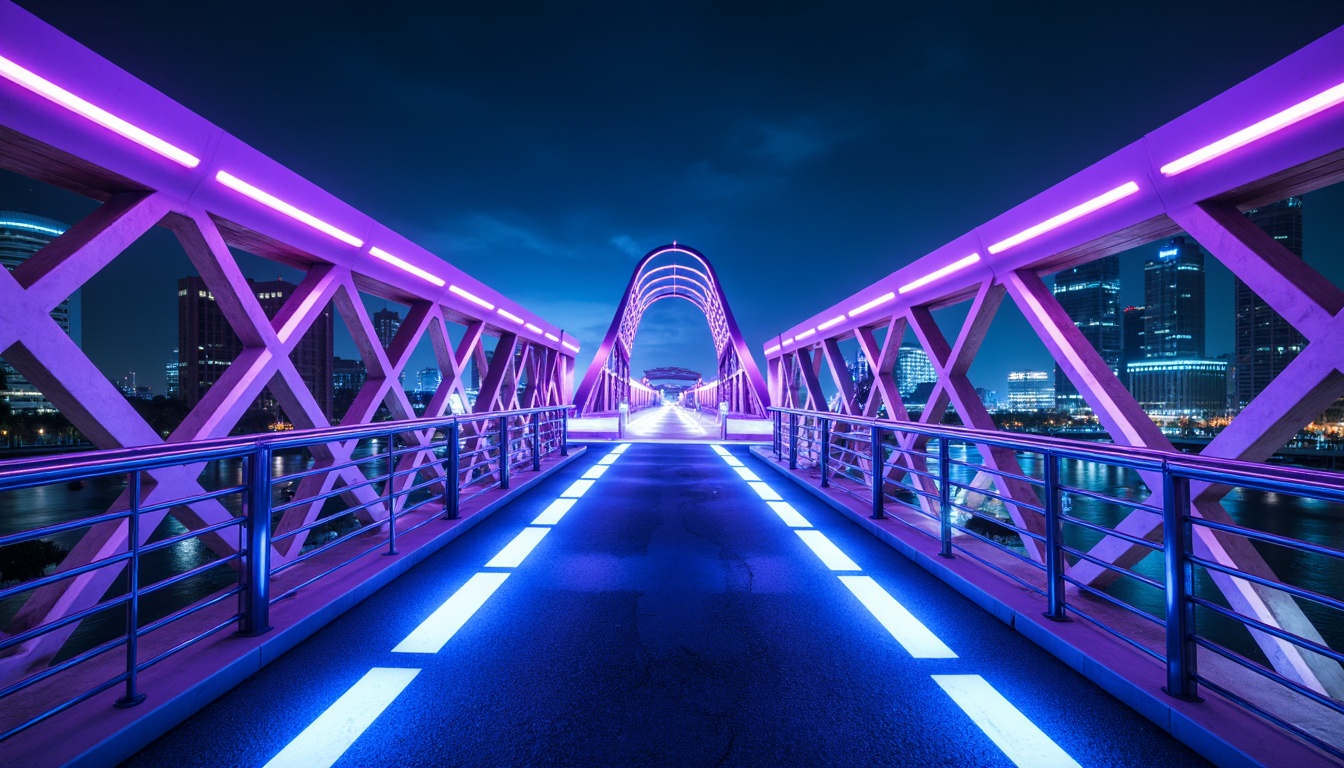 Prompt: Futuristic bridge architecture, neon-lit nighttime scene, vibrant blue and purple hues, metallic silver accents, gleaming chrome rails, LED light strips, geometric patterns, angular lines, modern minimalist design, sleek urban landscape, cityscape background, misty atmospheric effects, shallow depth of field, 3/4 composition, panoramic view, realistic reflections, ambient occlusion.