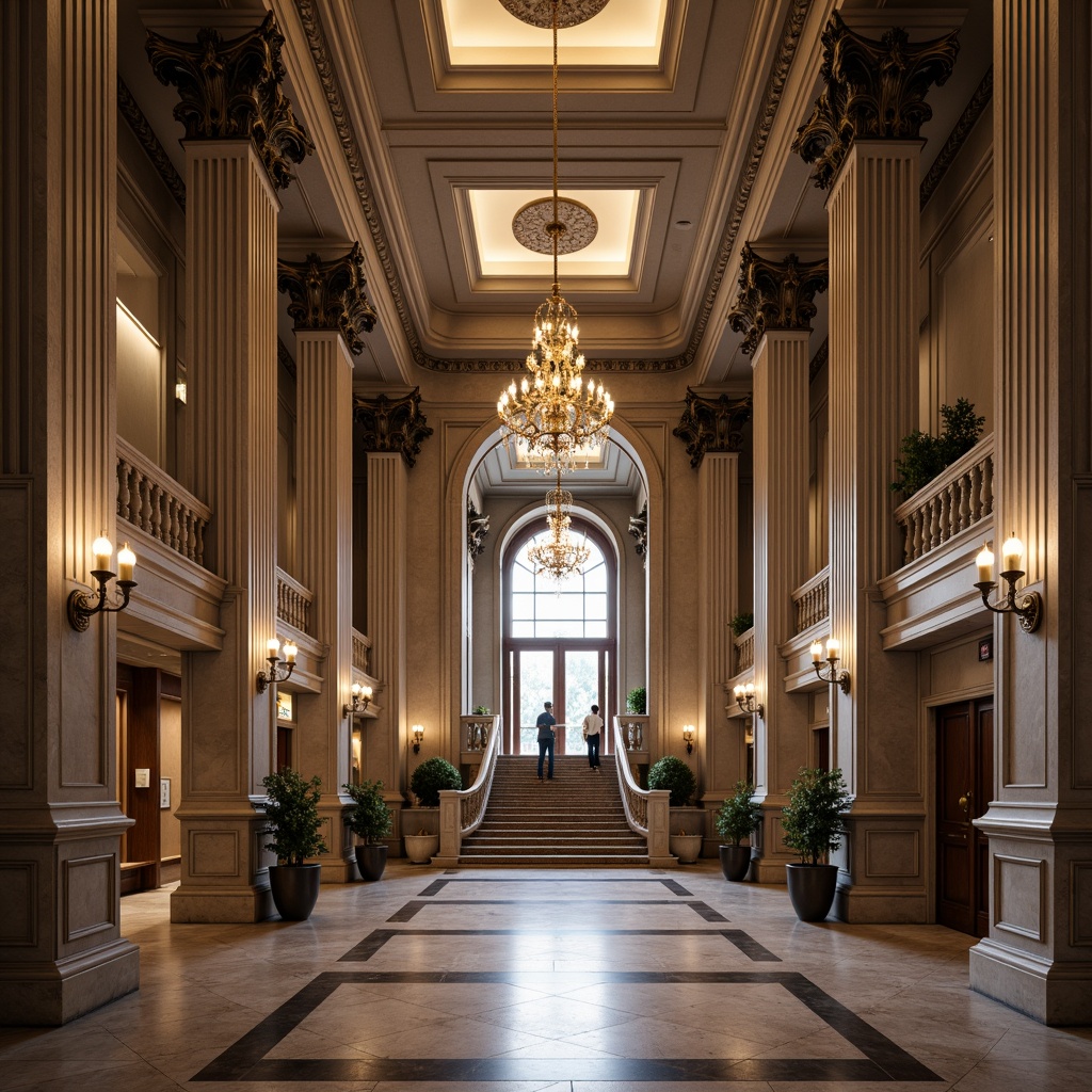 Prompt: Elegant banking hall, tall Corinthian columns, ornate capitals, polished marble floors, intricate moldings, grand staircase, luxurious chandeliers, symmetrical facade, imposing entrance, rusticated base, classical pediment, carved stone decorations, majestic arches, dramatic lighting, high contrast, 1/1 composition, realistic textures, ambient occlusion.