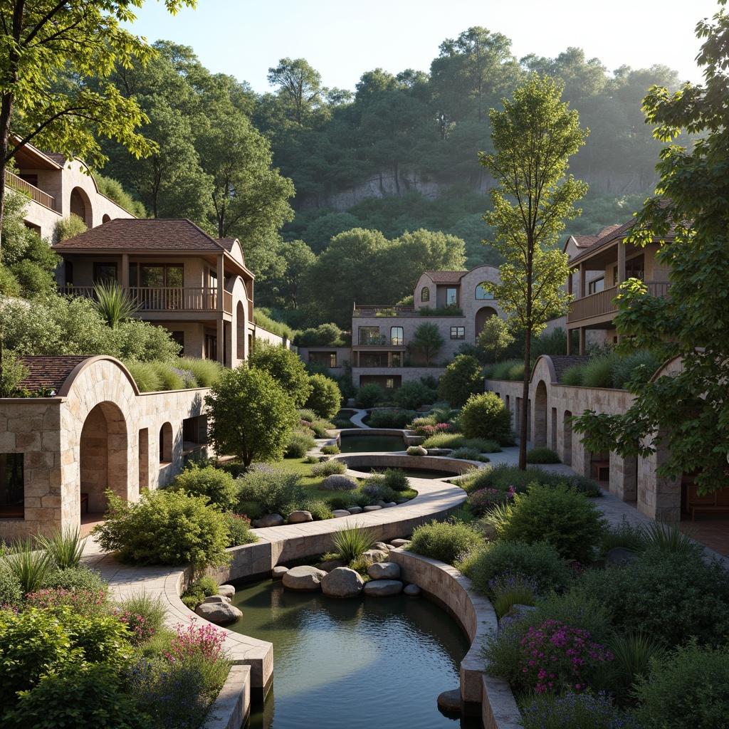 Prompt: Seamless landscape integration, organic architecture, curved lines, natural stone walls, green roofs, lush vegetation, blooming flowers, serene water features, rustic wooden bridges, meandering pathways, scenic overlooks, panoramic views, warm sunlight, soft shadows, 1/1 composition, symmetrical balance, realistic textures, ambient occlusion.