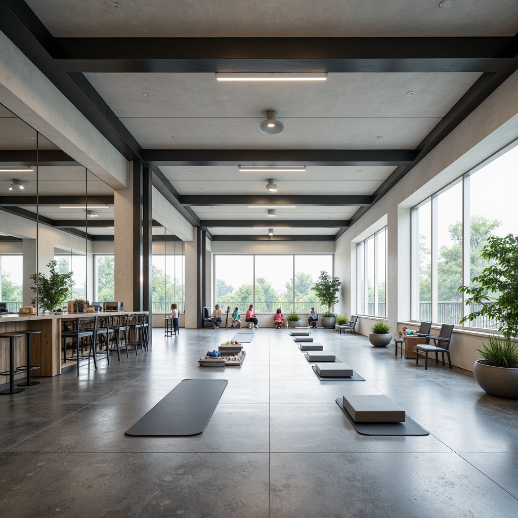 Prompt: Minimalist fitness club, industrial chic interior, polished concrete floors, sleek metal beams, white walls, floor-to-ceiling windows, natural light, mirrored surfaces, minimalist workout equipment, free weights, yoga mats, meditation areas, calming color scheme, monochromatic tones, subtle textures, ambient lighting, soft shadows, shallow depth of field, 1/1 composition, realistic reflections, atmospheric sound design.