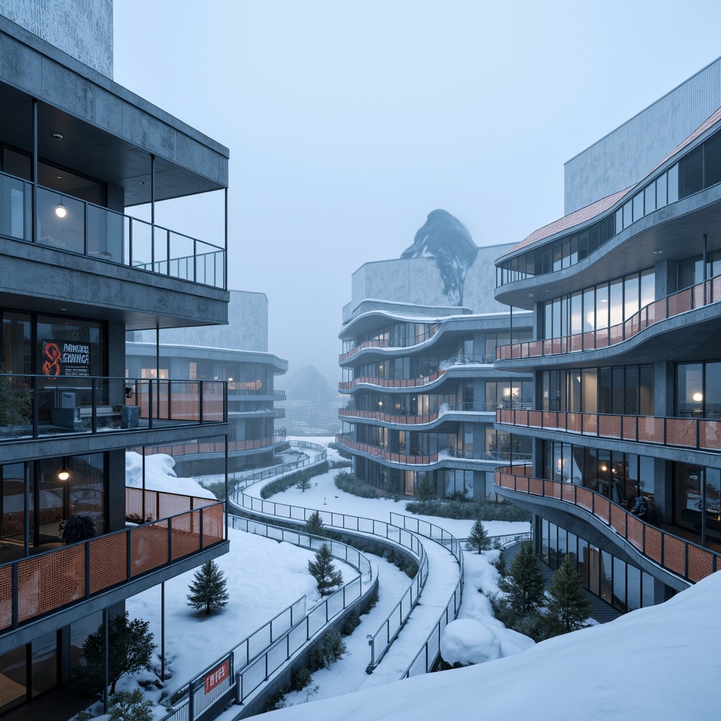 Prompt: Fragmented ski slopes, irregularly shaped buildings, dynamic angular lines, metallic fa\u00e7ades, futuristic architecture, cantilevered structures, asymmetrical forms, abstract patterns, neon-lit signage, LED lights, icy blue tones, snow-capped peaks, frosty mornings, misty atmosphere, foggy vistas, winding chairlifts, sleek ski equipment, vibrant orange safety nets, transparent glass bridges, minimalist interior design, industrial materials, cold color palette, dramatic shadows, high-contrast lighting, shallow depth of field, 3/4 composition, panoramic view.