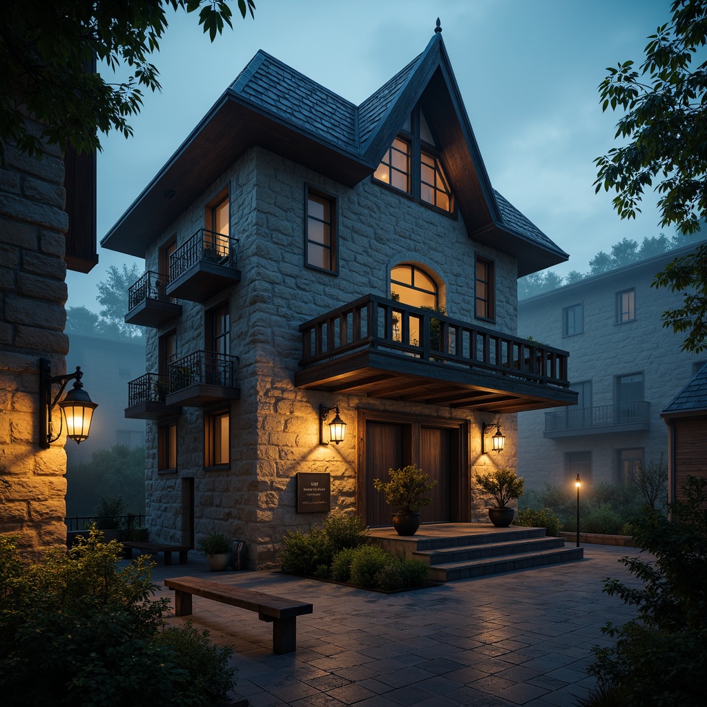 Prompt: Mysterious Watchtower, medieval architecture, rugged stone walls, weathered wooden accents, mystical lanterns, intricate ironwork, dramatic shadows, misty dawn, soft golden lighting, atmospheric depth of field, 2/3 composition, cinematic view, realistic textures, ambient occlusion, muted earth tones, rich blue hues, warm beige accents, subtle rusty undertones.