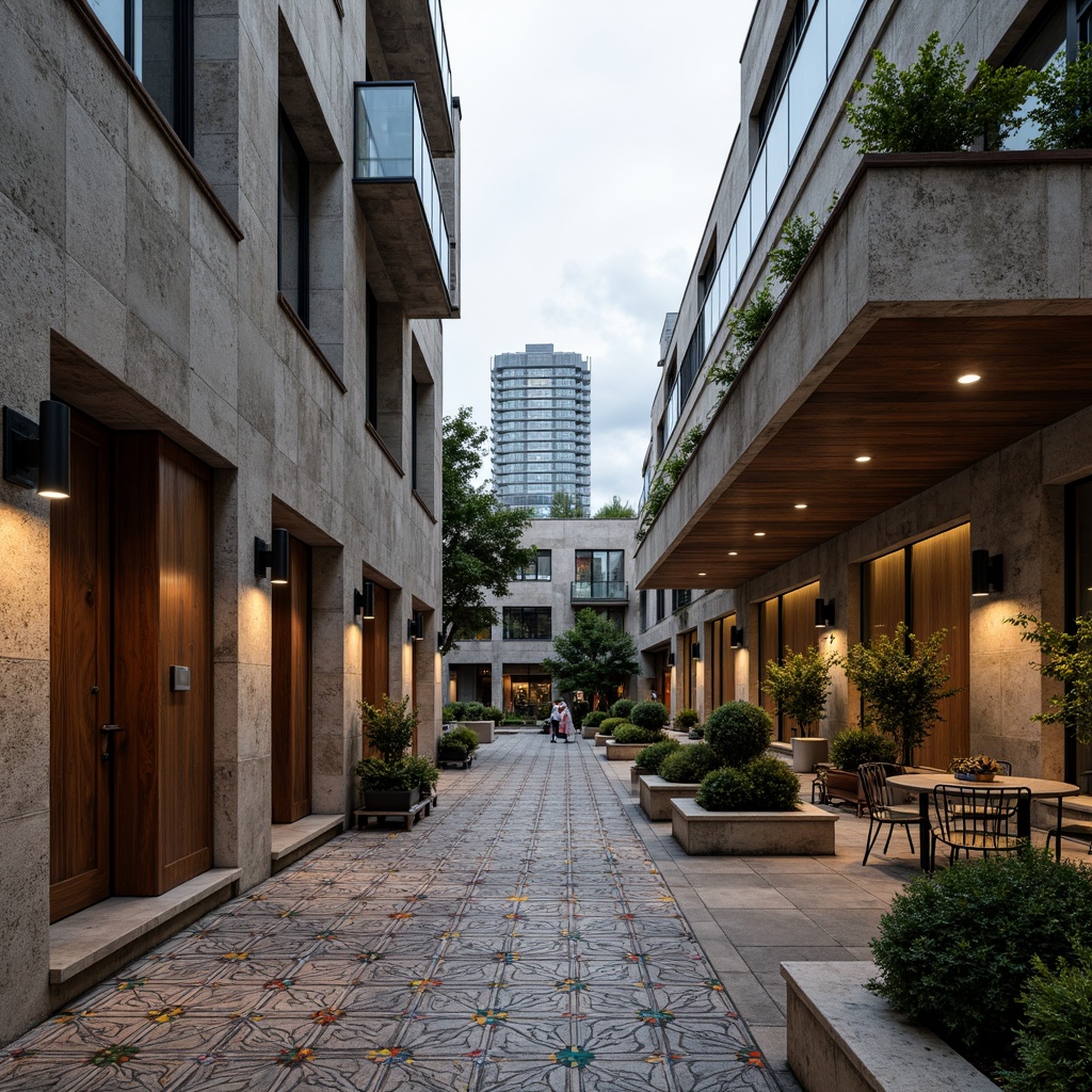 Prompt: Rustic stone walls, weathered wooden accents, metallic cladding, rough-hewn concrete, ornate tile patterns, vibrant ceramic mosaics, intricate stucco designs, earthy natural materials, organic shapes, brutalist architecture, industrial chic aesthetic, urban cityscape, overcast sky, dramatic shadows, high-contrast lighting, 1/1 composition, symmetrical framing, warm ambient glow, realistic normal maps.