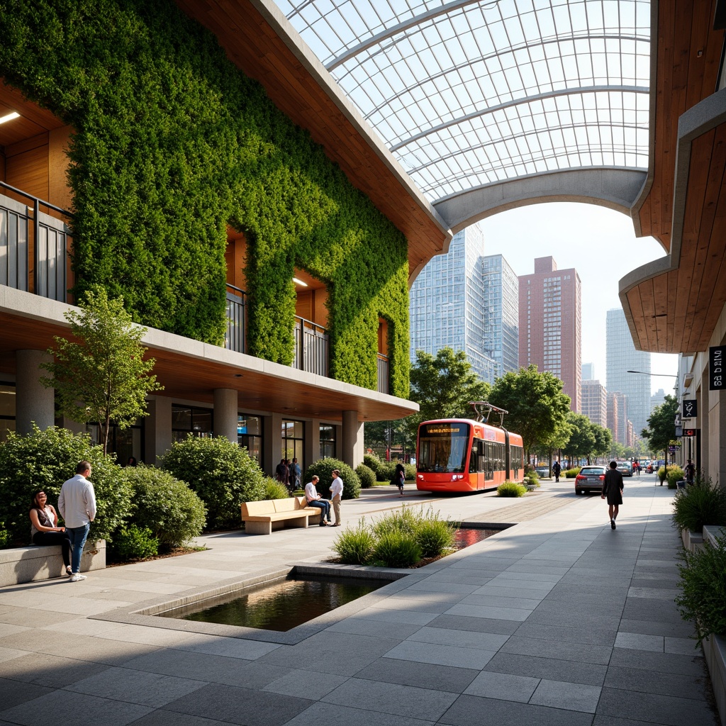 Prompt: Vibrant tram station, lush green walls, natural stone flooring, wooden accents, curved lines, modern architecture, large glass roofs, abundant daylight, soft warm lighting, shallow depth of field, 3/4 composition, panoramic view, realistic textures, ambient occlusion, urban landscape integration, pedestrian-friendly design, accessible walkways, bike lanes, public art installations, dynamic water features, seating areas, urban furniture, streetlights, city skyline views, bustling city atmosphere.