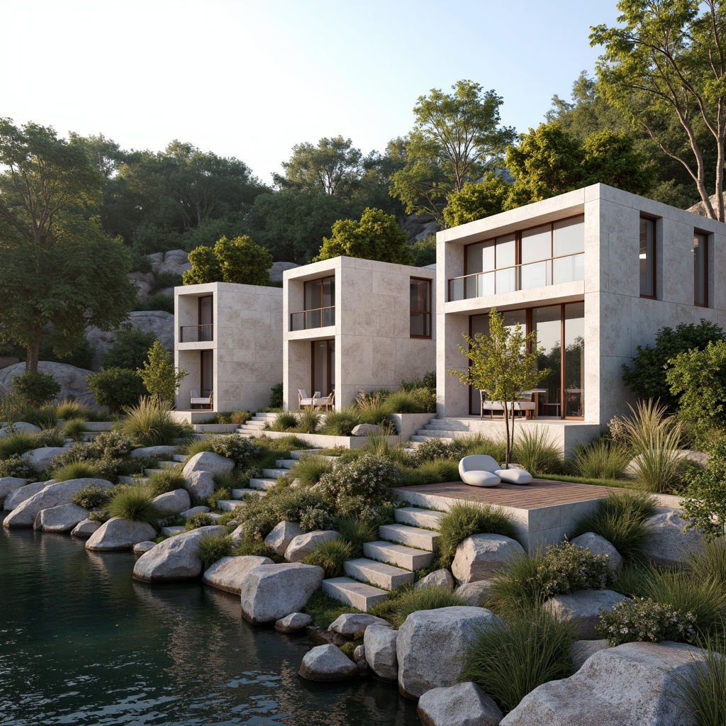 Prompt: Riverbank setting, limestone buildings, minimalist architecture, clean lines, neutral color palette, natural stone walls, large windows, sliding glass doors, serene water views, lush greenery, native plants, river rocks, gentle slope, rustic wooden decks, outdoor seating areas, warm soft lighting, shallow depth of field, 3/4 composition, panoramic view, realistic textures, ambient occlusion.