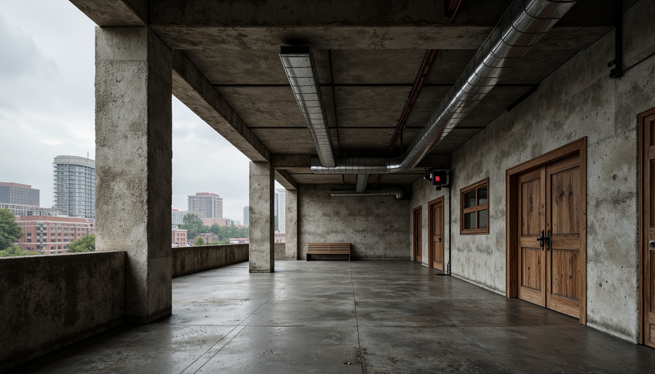 Prompt: Rough concrete walls, exposed ductwork, industrial metal beams, raw brick fa\u00e7ades, weathered wooden accents, distressed stone surfaces, rugged stucco finishes, brutalist structural elements, urban cityscape backdrop, overcast skies, dramatic shadows, high-contrast lighting, gritty realistic textures, detailed normal maps, cinematic camera angles, 2.5D composition, atmospheric fog effects, modernist architectural influences.