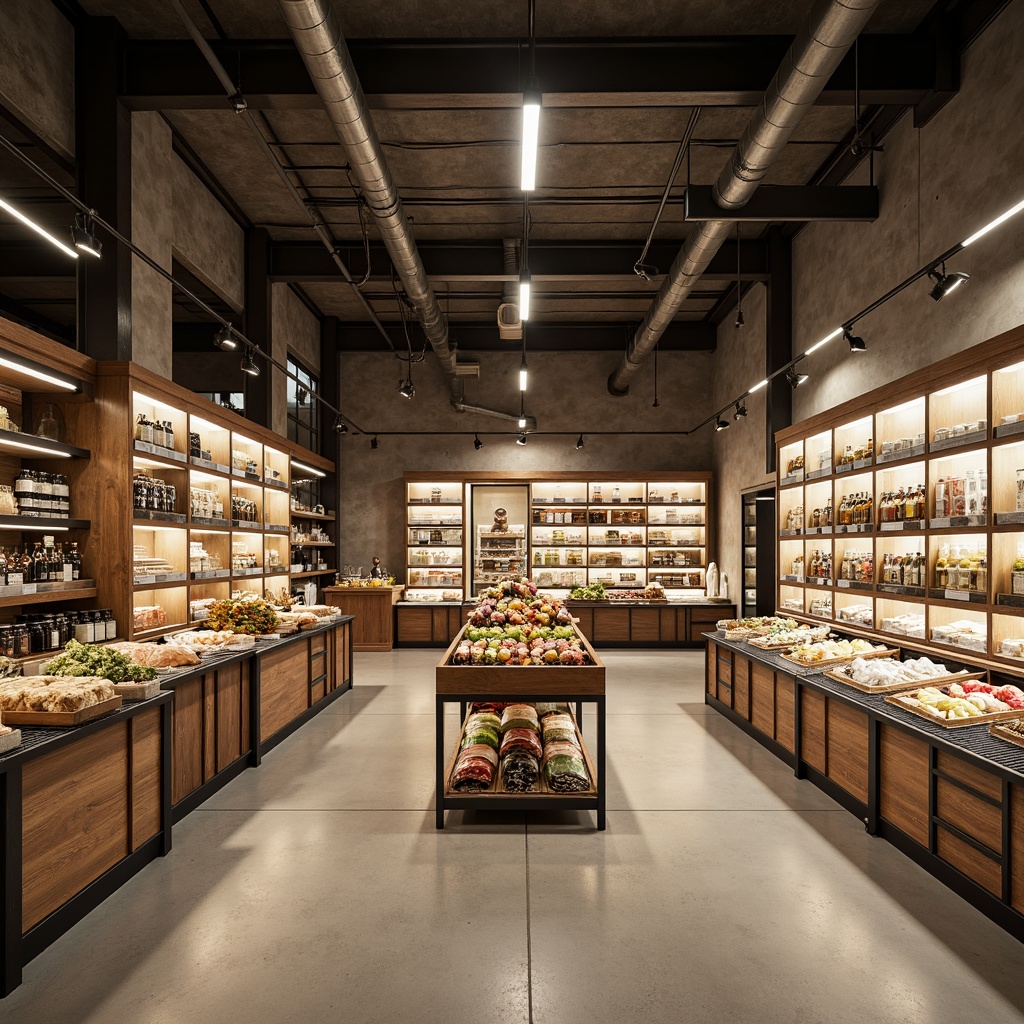 Prompt: Bauhaus-style grocery store, industrial-chic interior, polished concrete floors, exposed ductwork, minimalist shelving, modern LED lighting, suspended linear fixtures, warm neutral color palette, natural materials, reclaimed wood accents, steel beams, urban loft atmosphere, soft diffused lighting, 1/2 composition, shallow depth of field, realistic textures, ambient occlusion.