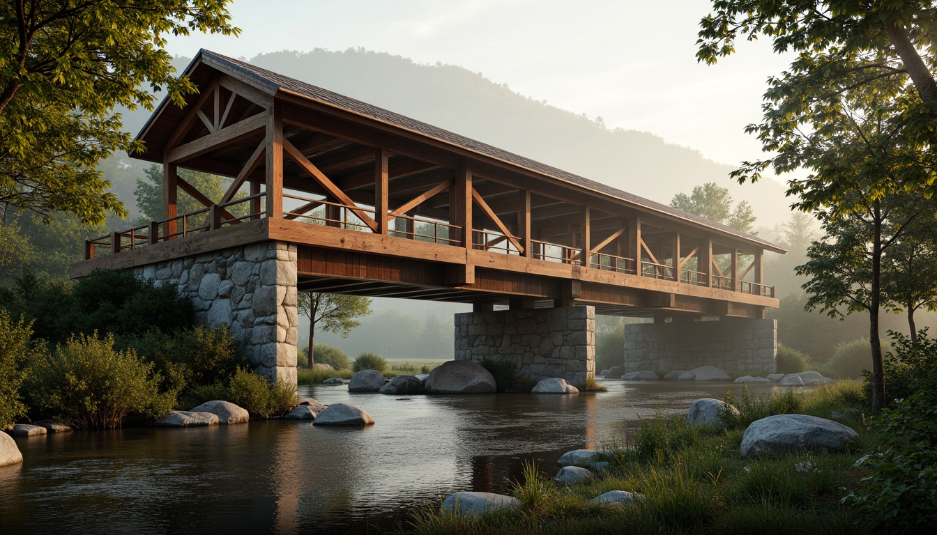 Prompt: Rustic regionalism style bridge, wooden truss structure, earthy tone color palette, weathered steel accents, natural stone foundations, lush greenery surroundings, serene water flowing beneath, misty morning atmosphere, warm soft lighting, shallow depth of field, 3/4 composition, symmetrical framing, realistic textures, ambient occlusion.