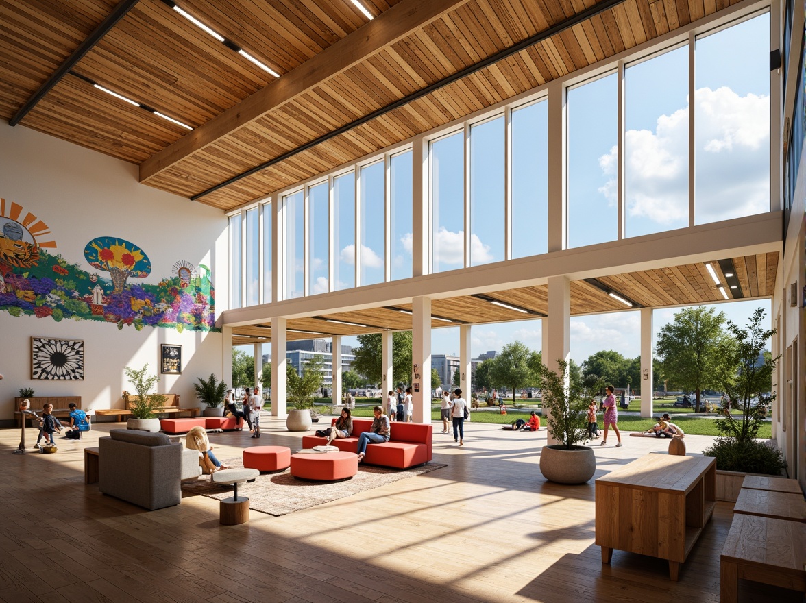 Prompt: Vibrant community center, modern architecture, large windows, natural light, open spaces, flexible seating areas, collaborative workspaces, interactive art installations, educational murals, diverse cultural decorations, warm wooden floors, cozy reading nooks, acoustic ceilings, soft ambient lighting, 3/4 composition, shallow depth of field, realistic textures, ambient occlusion.