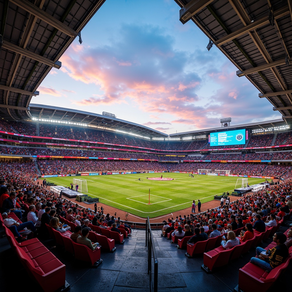 Prompt: Vibrant stadium atmosphere, dynamic sports lighting, bold team colors, energetic crowd seating, modern architectural design, sleek metal structures, polished concrete flooring, bright LED scoreboards, vivid advertising graphics, lively concession stands, festive event decorations, warm sunny day, shallow depth of field, 3/4 composition, panoramic view, realistic textures, ambient occlusion.