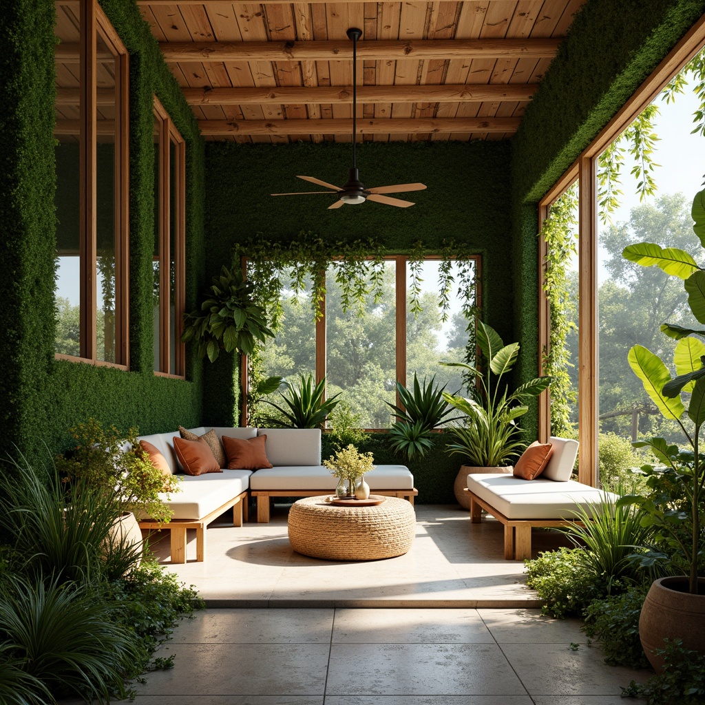 Prompt: Natural light-filled interior, lush green walls, living plants, reclaimed wood accents, organic shapes, earthy tones, natural stone flooring, bamboo furniture, large windows, sliding glass doors, outdoor connections, serene atmosphere, warm ambient lighting, soft shadows, 1/1 composition, shallow depth of field, realistic textures, subtle animations.