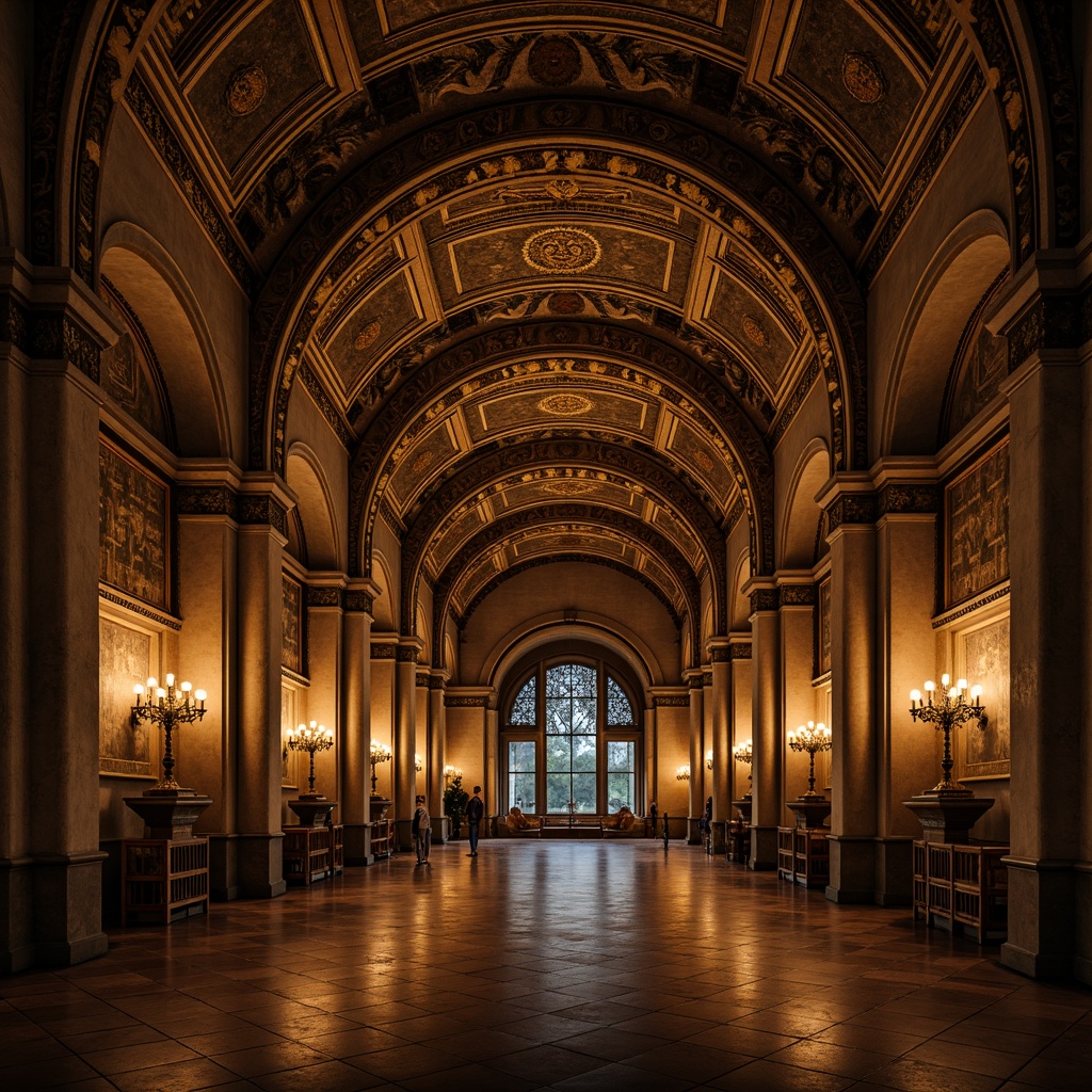 Prompt: Intricate archways, ornate carvings, golden mosaics, vaulted ceilings, grand entrances, majestic columns, rustic stone walls, warm candlelight, mystical ambiance, sacred atmosphere, solemn silence, eerie shadows, dramatic lighting, high contrast, deep depth of field, 1/1 composition, symmetrical framing.