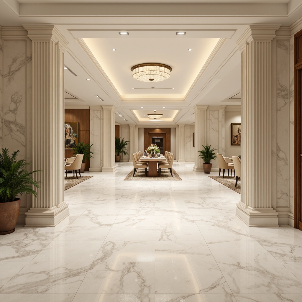 Prompt: Luxurious interior space, elegant marble flooring, polished white surfaces, subtle veining patterns, sophisticated column designs, ornate architectural details, refined textures, creamy color palette, ambient warm lighting, shallow depth of field, 1/1 composition, realistic reflections, high-end furniture, premium materials, opulent decor, lavish atmosphere.