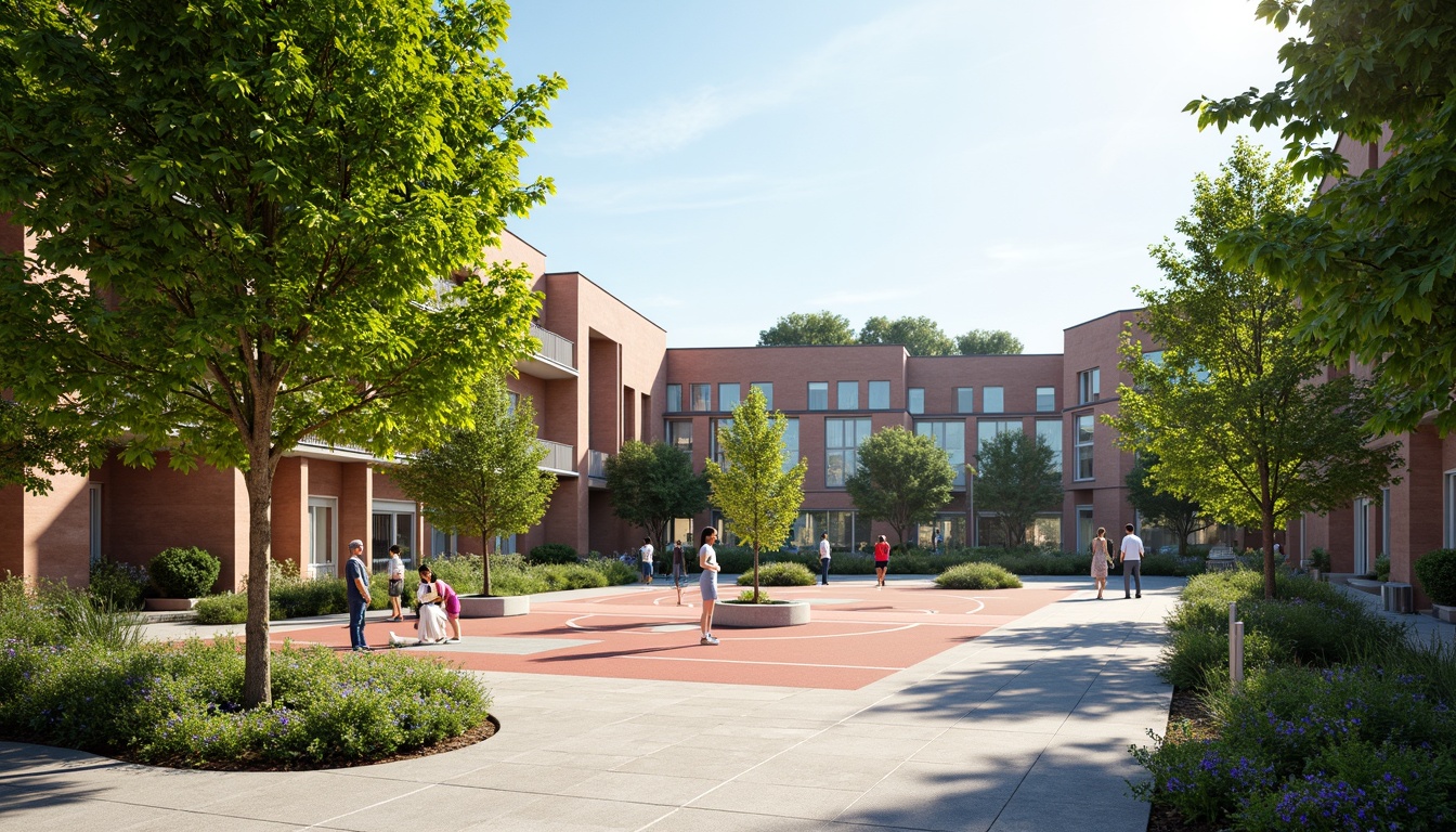 Prompt: Spacious gymnasium courtyard, lush greenery, natural stone paving, athletic track, sports equipment, basketball hoops, tennis courts, soccer fields, shaded outdoor spaces, retractable roofs, clerestory windows, abundant natural light, warm wood accents, minimalist modern architecture, functional design, vibrant color schemes, motivational quotes, dynamic lighting effects, 1/1 composition, realistic textures, ambient occlusion.