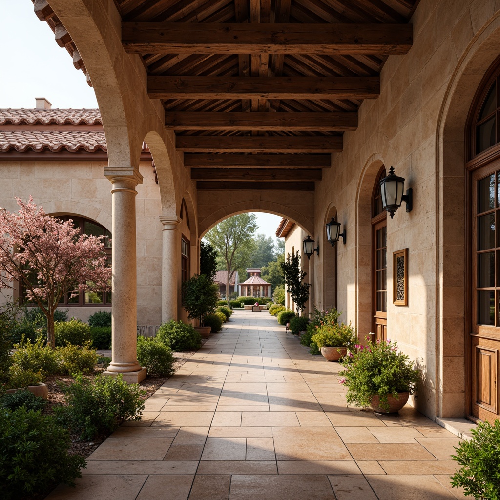 Prompt: Warm earthy tones, rustic stone walls, terracotta roofs, ornate carvings, grand archways, imposing columns, rich wood accents, vintage metalwork, stained glass windows, lush greenery, vibrant blooming flowers, serene natural surroundings, soft warm lighting, shallow depth of field, 3/4 composition, panoramic view, realistic textures, ambient occlusion.